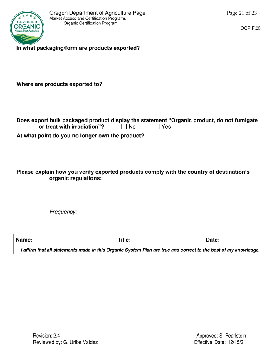 Form OCP.F.05 Crop Organic System Plan - Oregon, Page 21