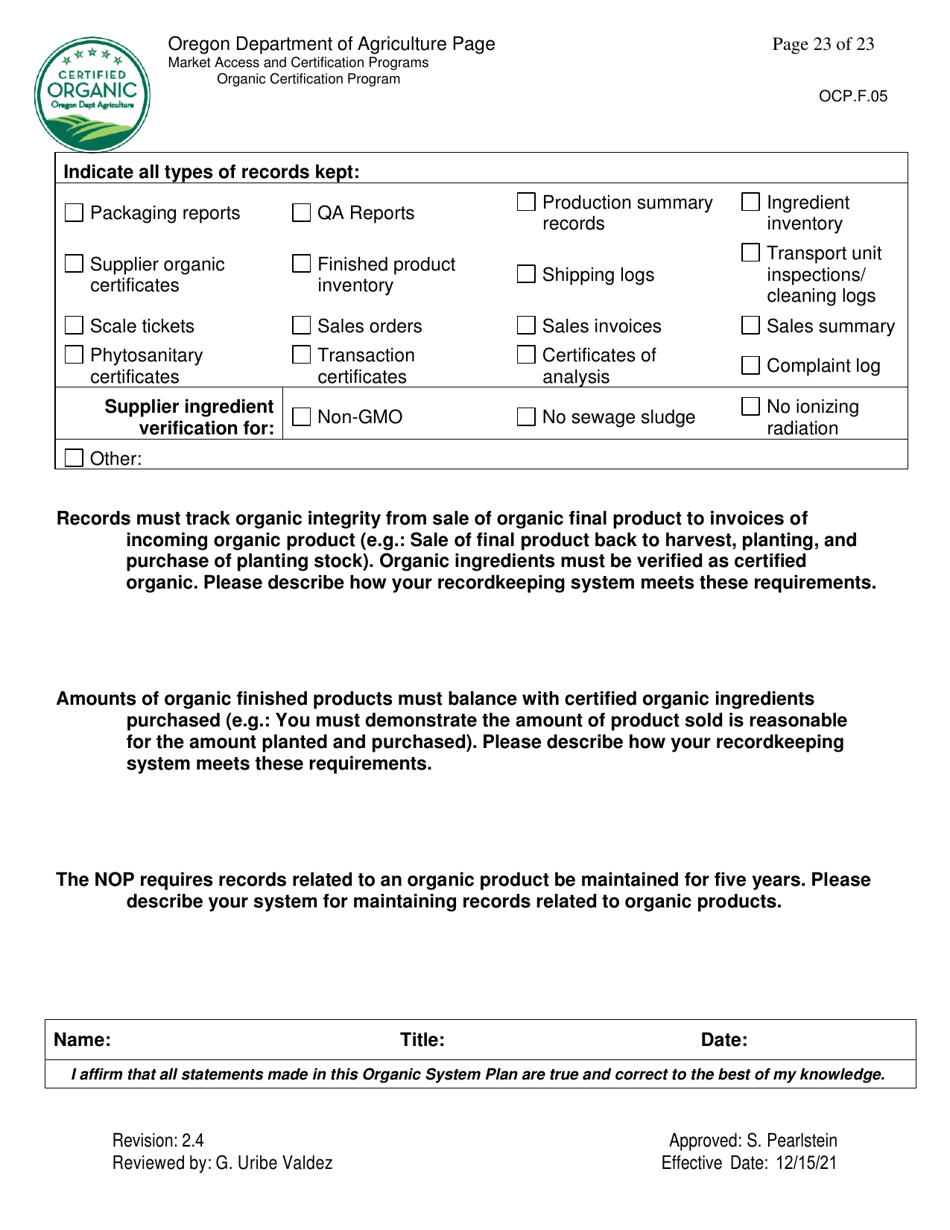 Form OCP.F.05 Crop Organic System Plan - Oregon, Page 23