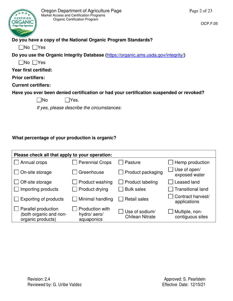 Form OCP.F.05 Crop Organic System Plan - Oregon, Page 2