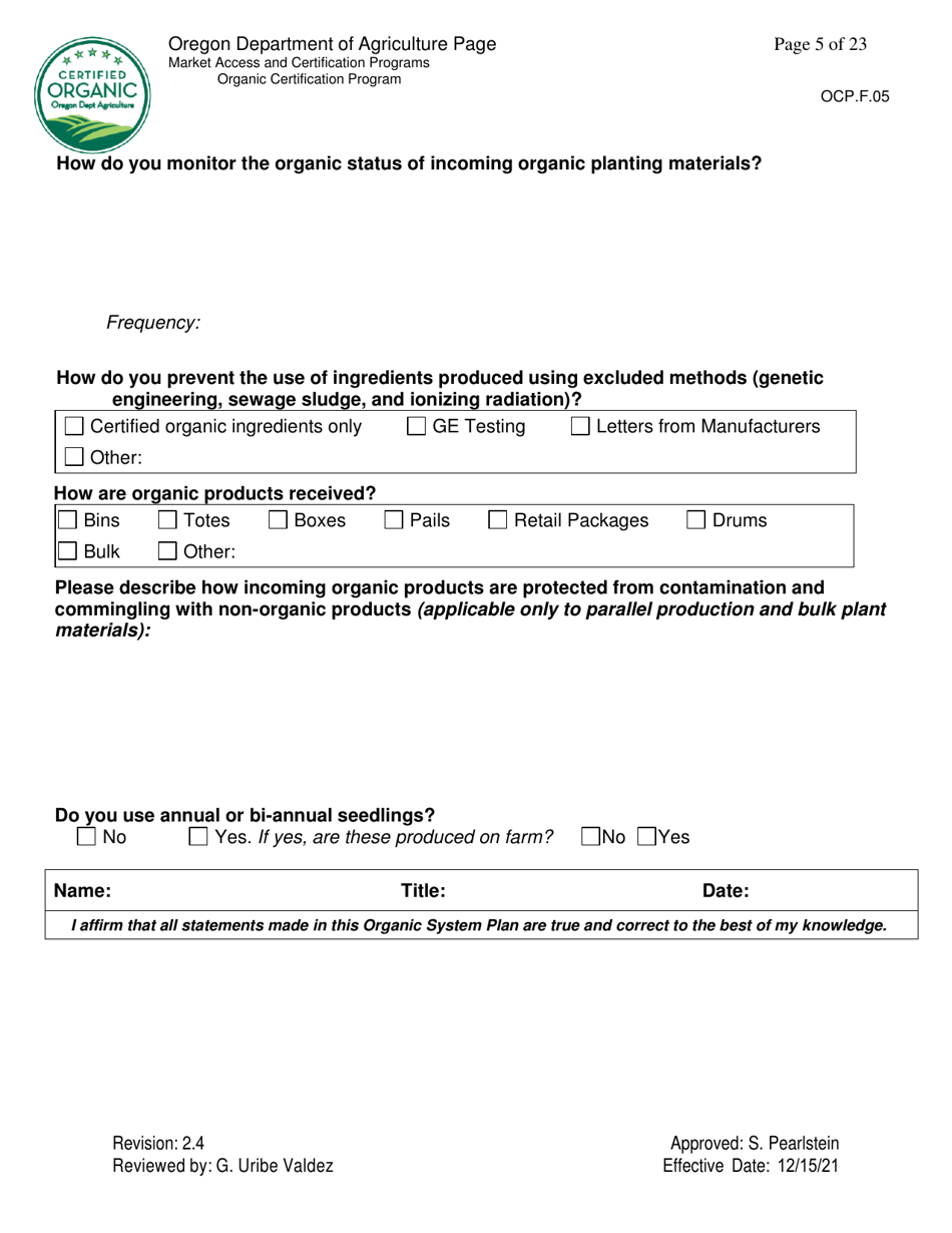 Form OCP.F.05 Crop Organic System Plan - Oregon, Page 5