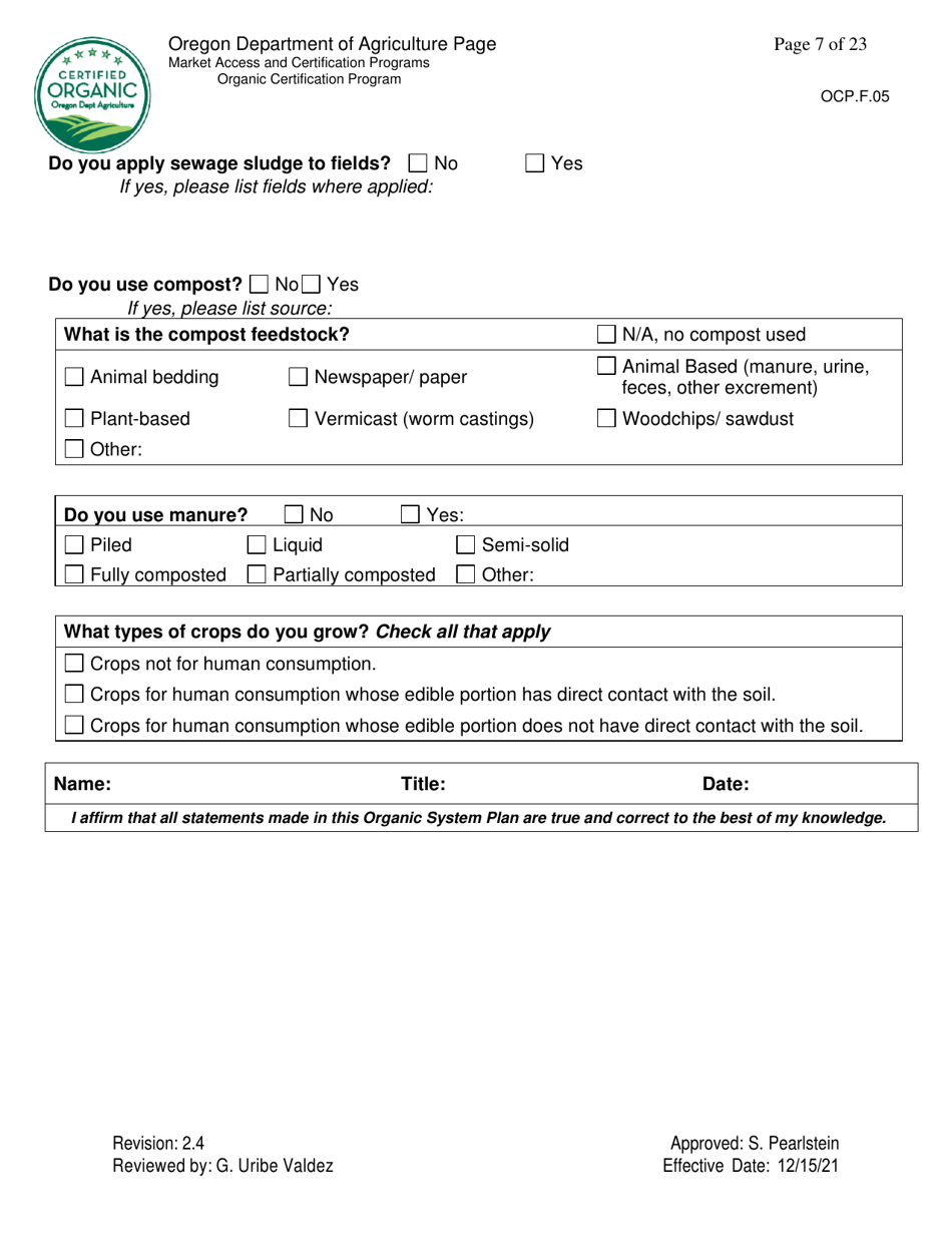 Form OCP.F.05 Crop Organic System Plan - Oregon, Page 7