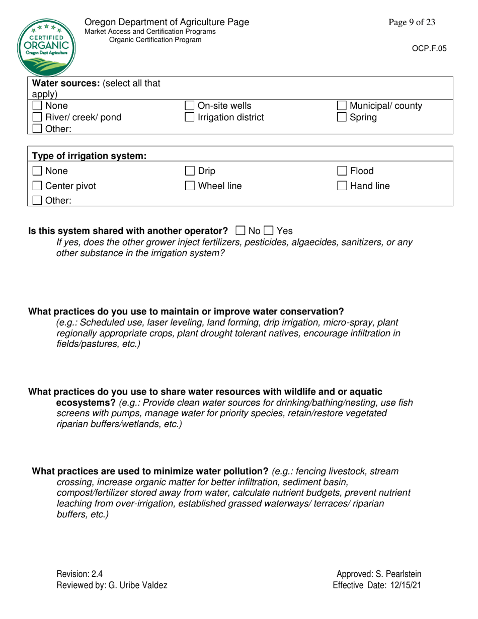 Form OCP.F.05 Crop Organic System Plan - Oregon, Page 9