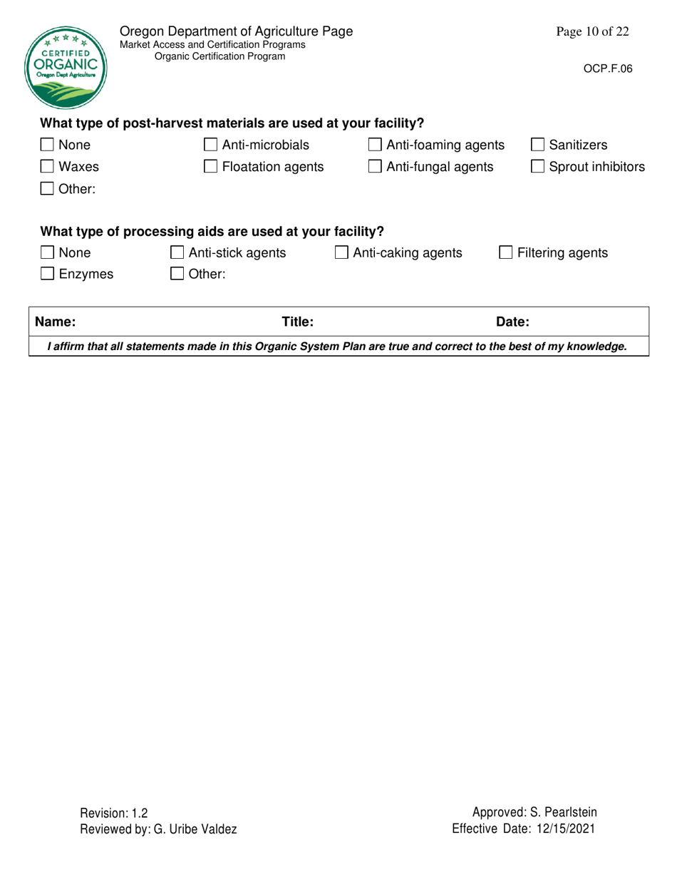 Form OCP.F.06 Handler Organic System Plan - Oregon, Page 10