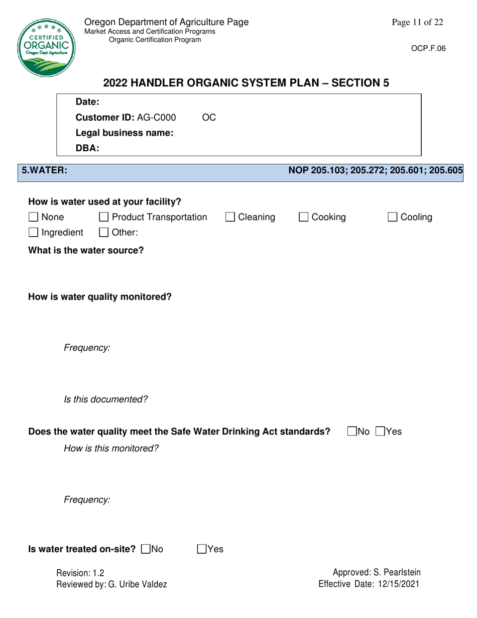 Form OCP.F.06 Handler Organic System Plan - Oregon, Page 11