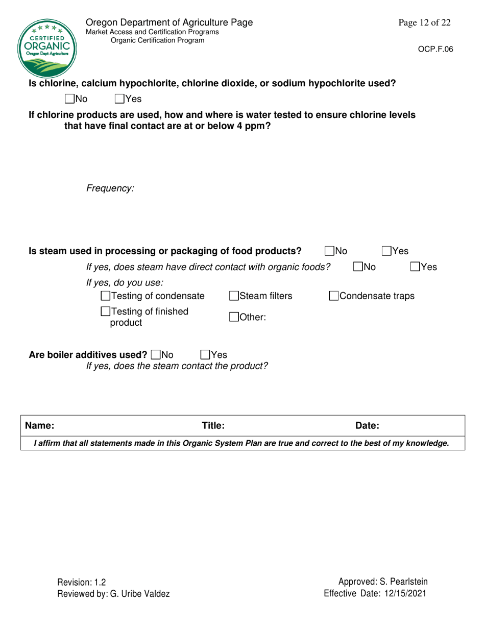 Form OCP.F.06 Handler Organic System Plan - Oregon, Page 12