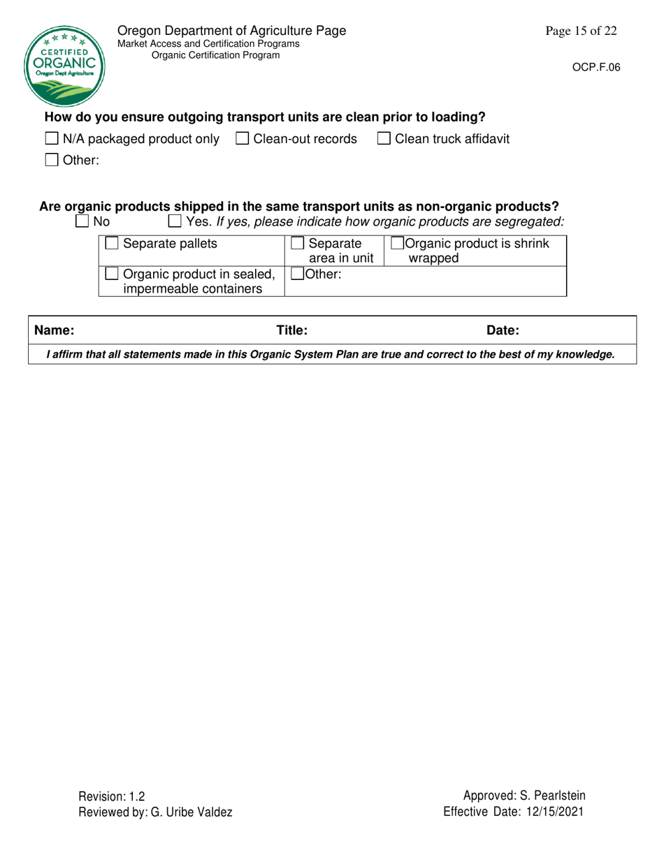 Form OCP.F.06 Handler Organic System Plan - Oregon, Page 15