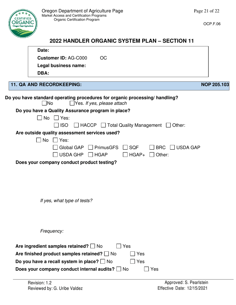 Form OCP.F.06 Handler Organic System Plan - Oregon, Page 21