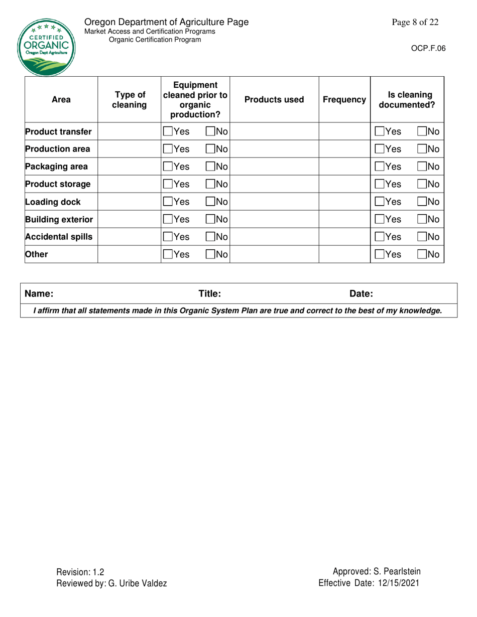 Form OCP.F.06 Handler Organic System Plan - Oregon, Page 8