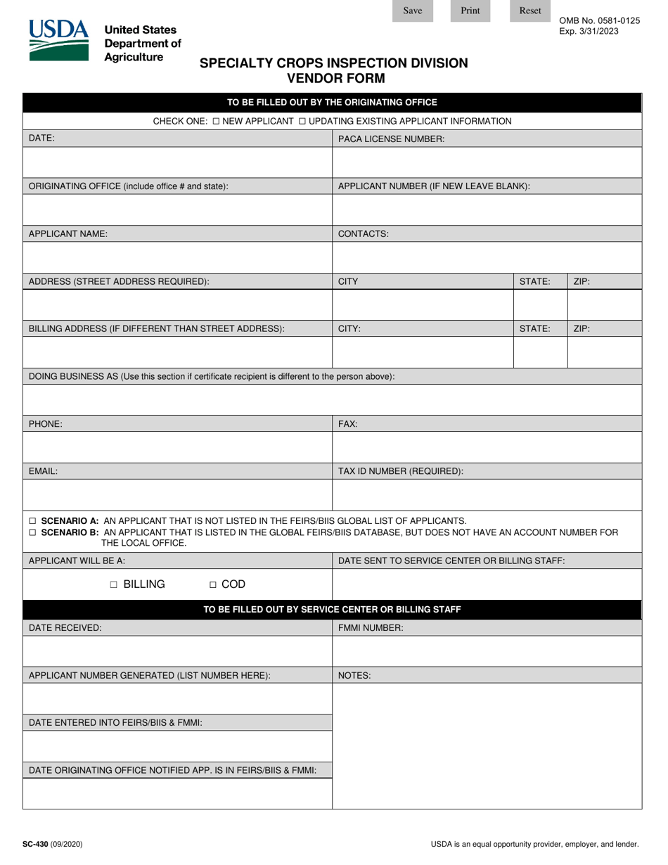 Form SC-430 Vendor Form, Page 1