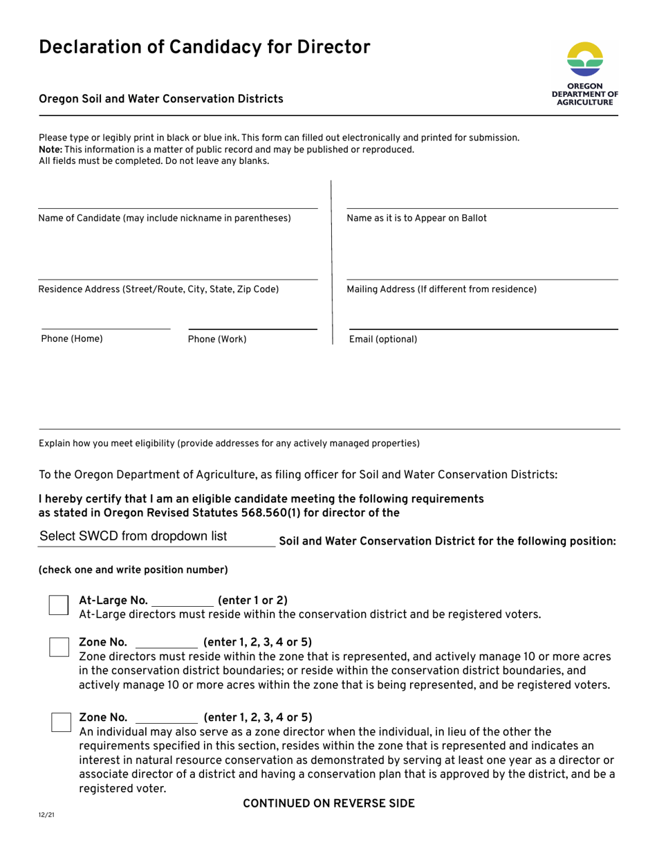 Swcd Declaration of Candidacy for Director - Oregon, Page 1