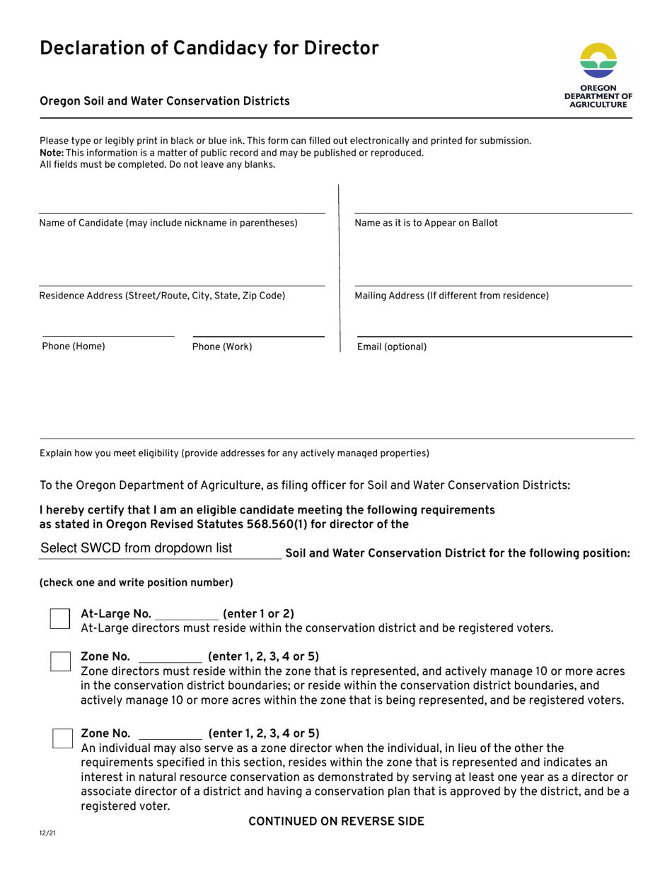 Oregon Swcd Declaration Of Candidacy For Director Fill Out Sign Online And Download Pdf 8183