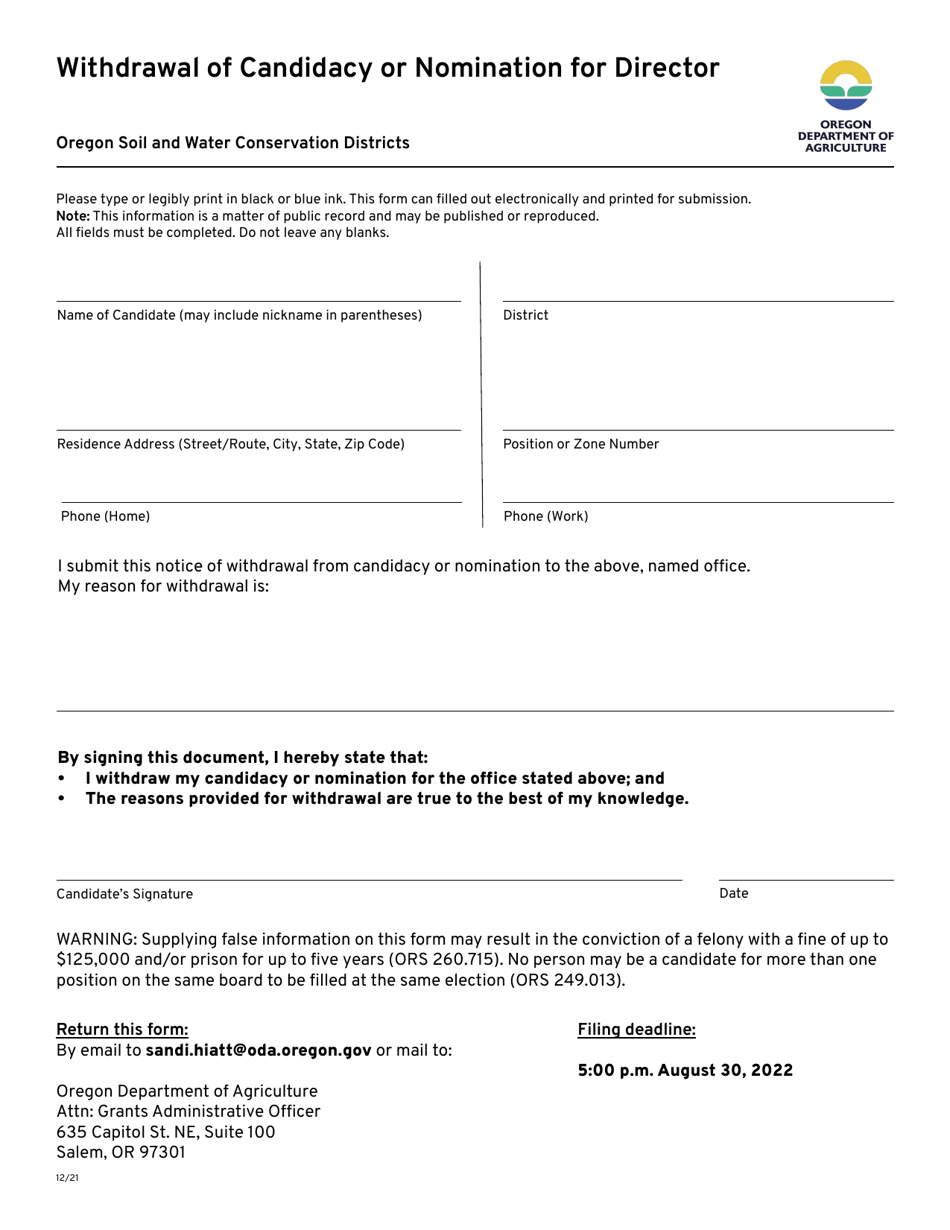 Oregon Swcd Withdrawal Of Candidacy Or Nomination For Director Fill Out Sign Online And 8237