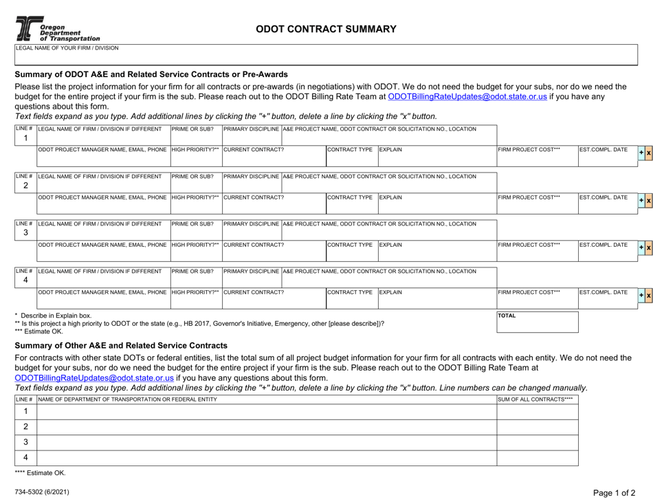 Form 734-5302 Odot Contract Summary - Oregon, Page 1