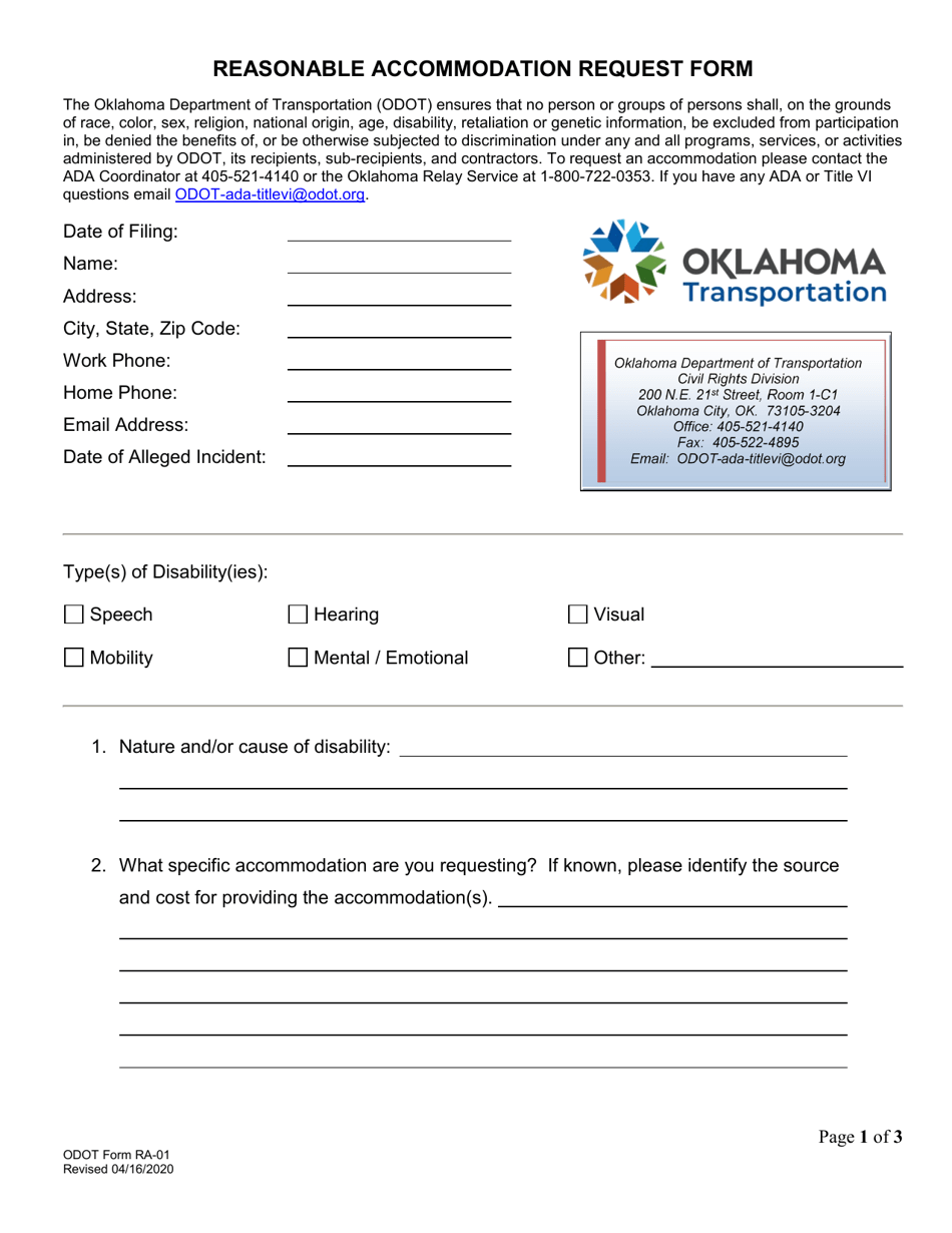 Form RA-01 Reasonable Accommodation Request Form - Oklahoma, Page 1