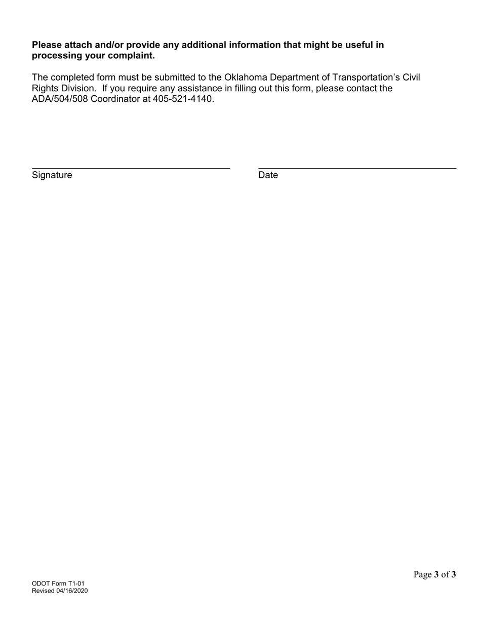 ODOT Form T1-01 Americans With Disabilities Act - Title I Complaint Form - Oklahoma, Page 3