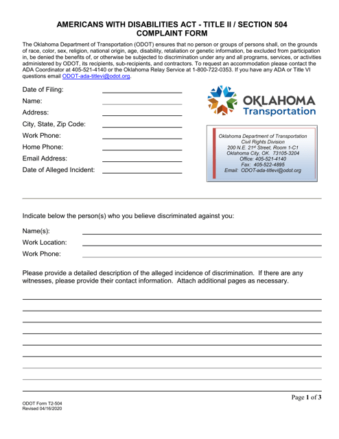 ODOT Form T2-504 Americans With Disabilities Act - Title II/Section 504 Complaint Form - Oklahoma