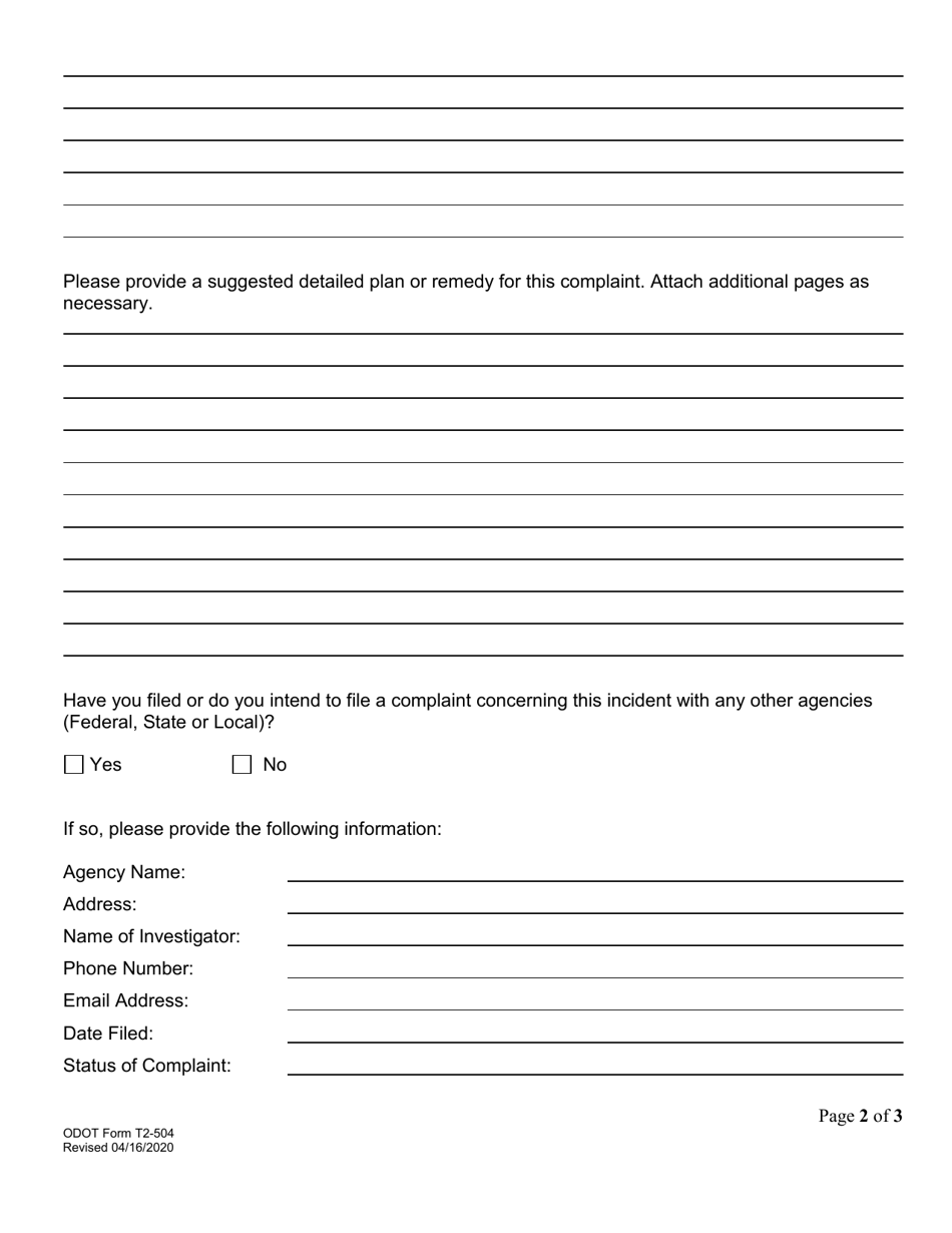 ODOT Form T2-504 Americans With Disabilities Act - Title II / Section 504 Complaint Form - Oklahoma, Page 2