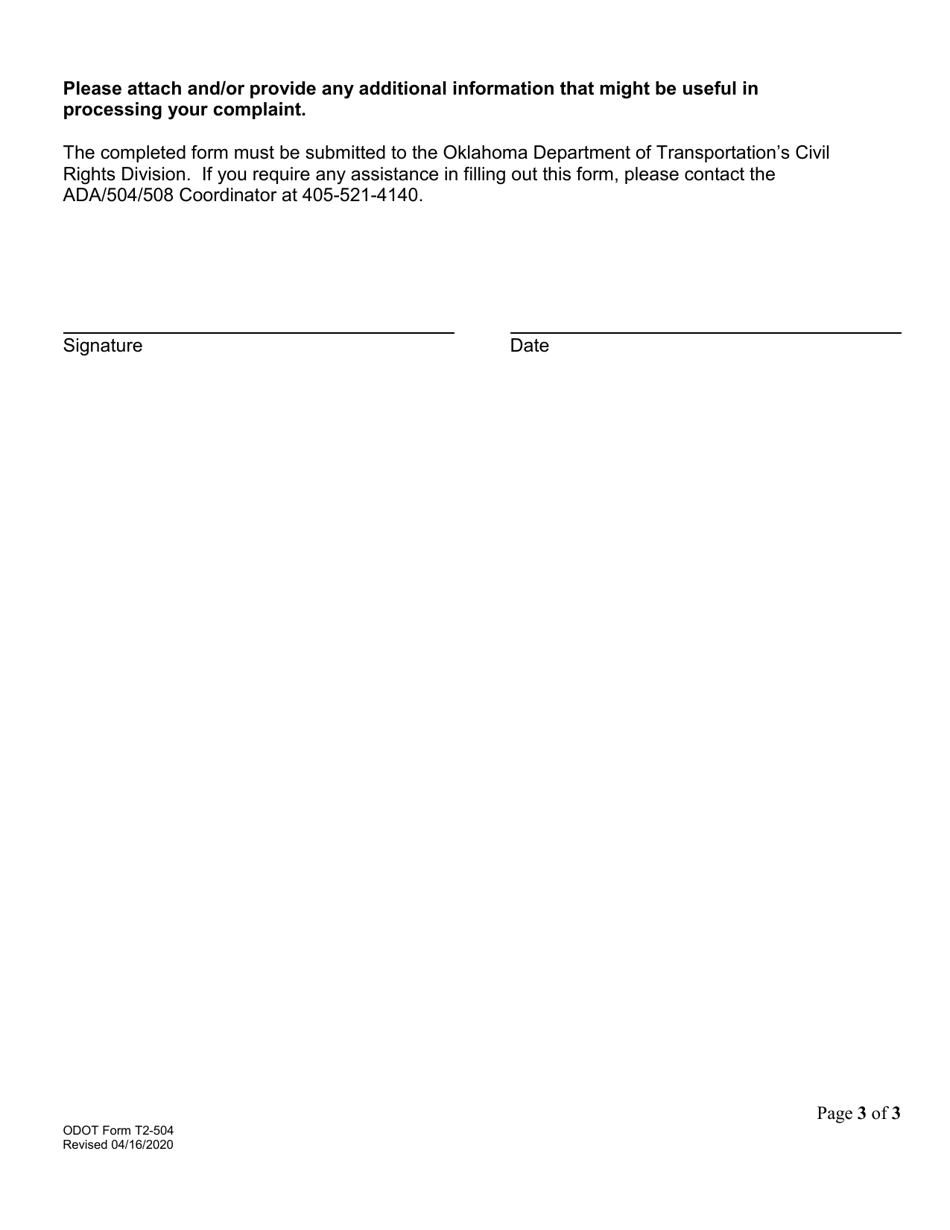 ODOT Form T2-504 Americans With Disabilities Act - Title II / Section 504 Complaint Form - Oklahoma, Page 3