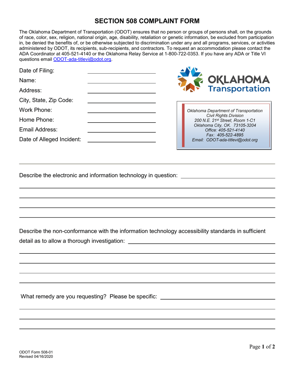 ODOT Form 508-01 Section 508 Complaint Form - Oklahoma, Page 1