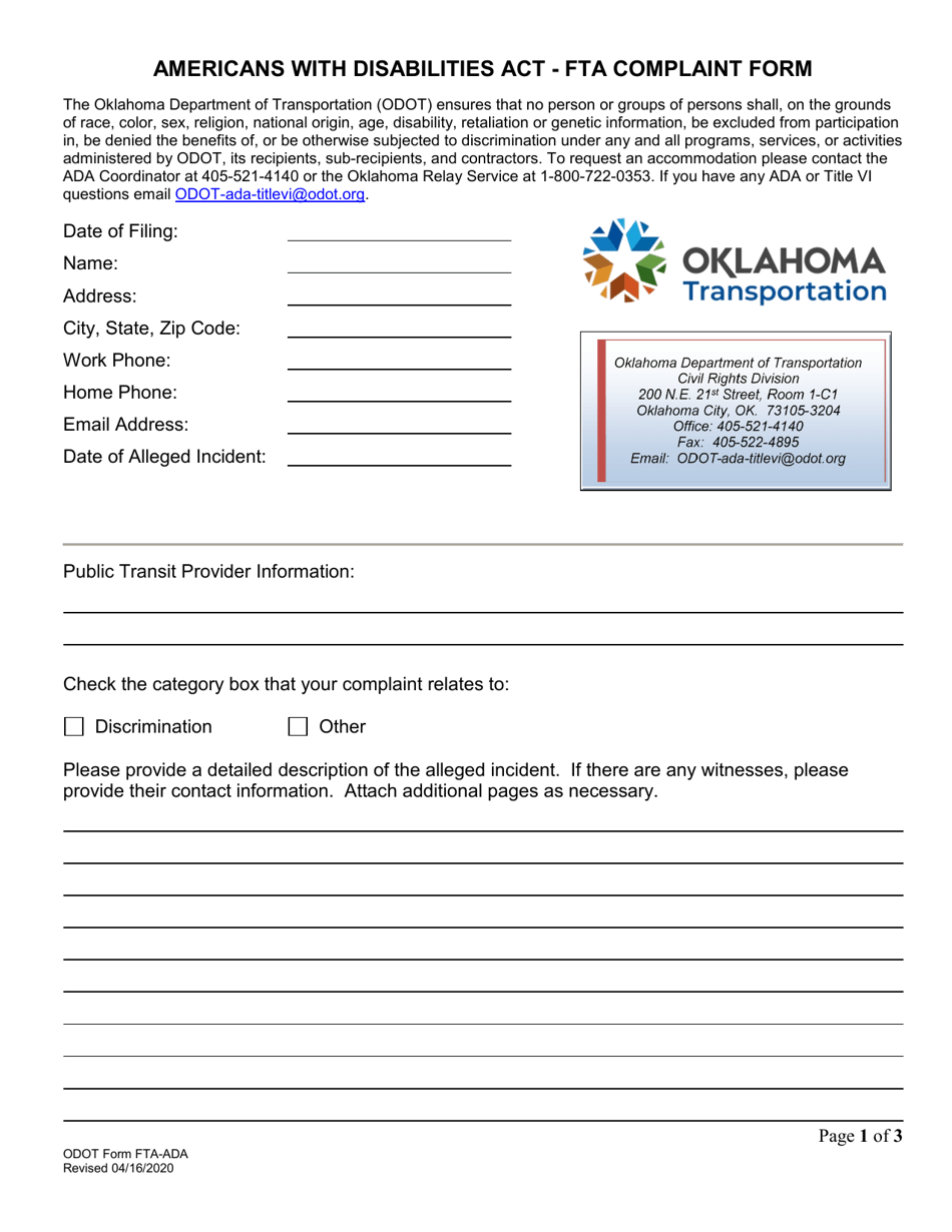 ODOT Form FTA-ADA Americans With Disabilities Act - Fta Complaint Form - Oklahoma, Page 1