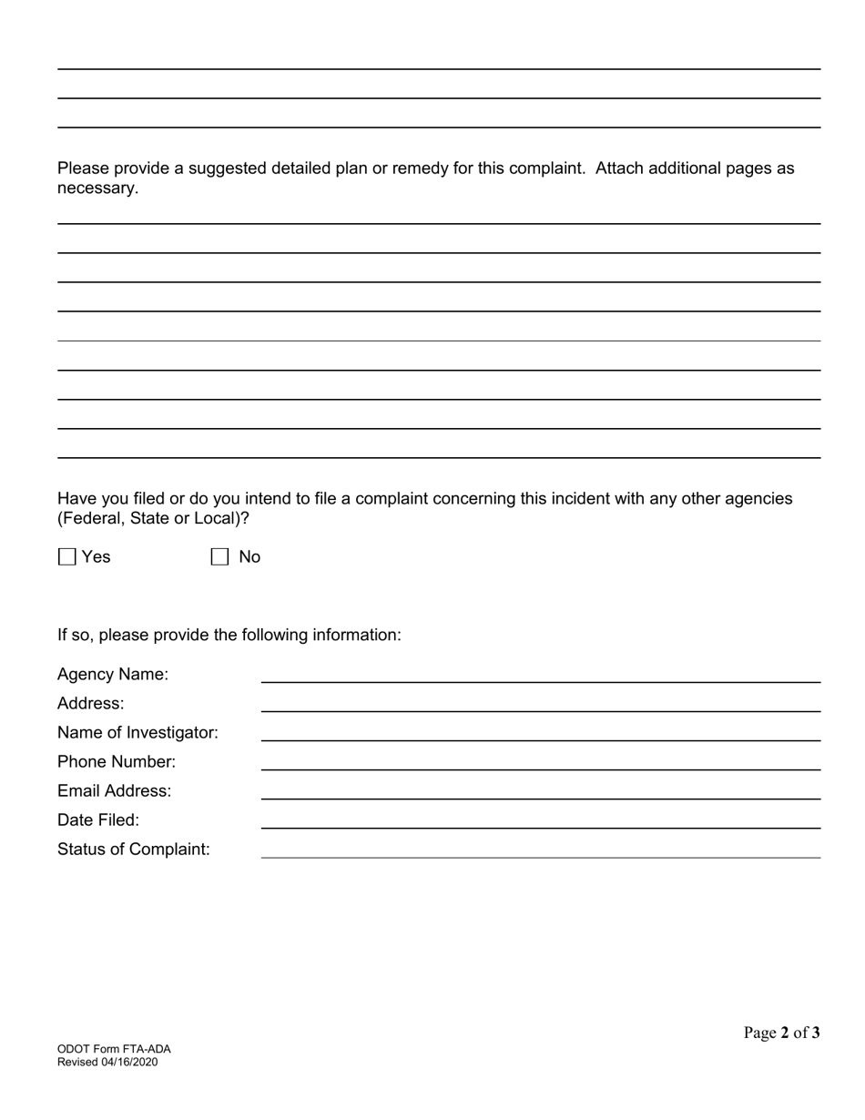 ODOT Form FTA-ADA Americans With Disabilities Act - Fta Complaint Form - Oklahoma, Page 2