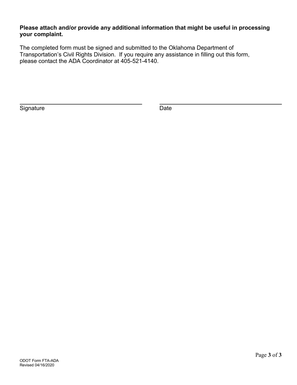 ODOT Form FTA-ADA Americans With Disabilities Act - Fta Complaint Form - Oklahoma, Page 3