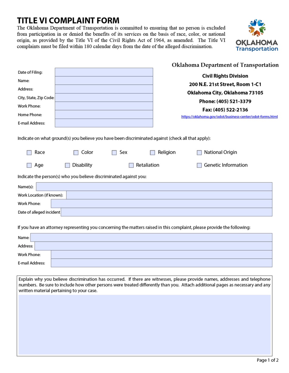 Title VI Complaint Form (Fhwa) - Oklahoma, Page 1