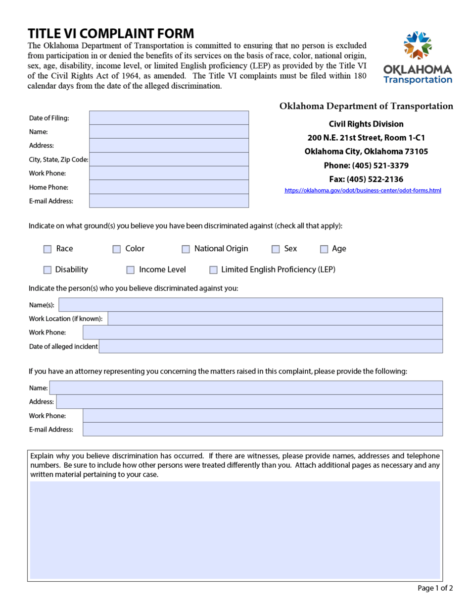 Title VI Complaint Form (Fmcsa) - Oklahoma, Page 1