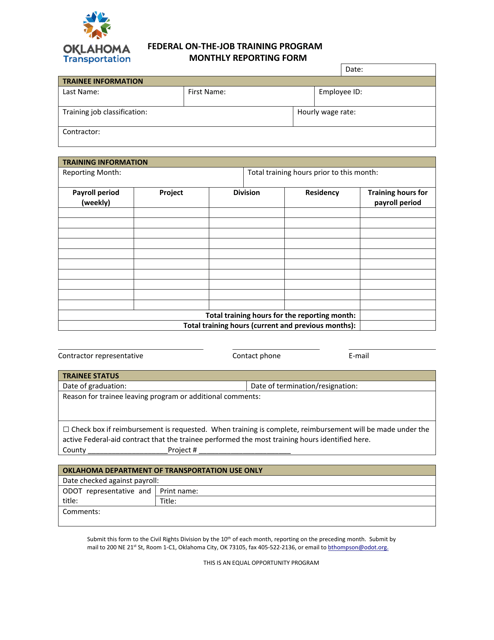 Monthly Reporting Form - Federal on-The-Job Training Program - Oklahoma
