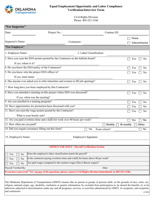 Equal Employment Opportunity and Labor Compliance Verification/Interview Form - Oklahoma