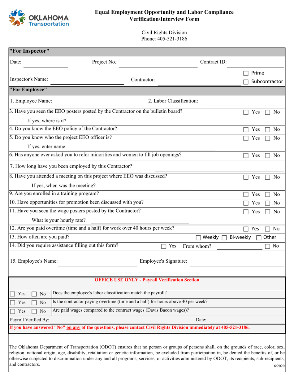 Equal Employment Opportunity and Labor Compliance Verification / Interview Form - Oklahoma, Page 1