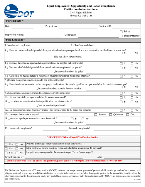 Equal Employment Opportunity and Labor Compliance Verification/Interview Form - Oklahoma (English/Spanish)