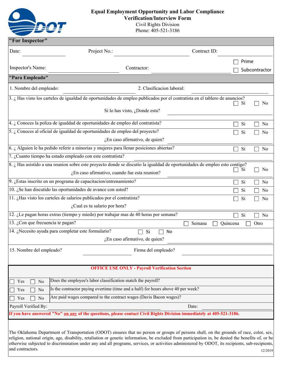Equal Employment Opportunity and Labor Compliance Verification / Interview Form - Oklahoma (English / Spanish), Page 1
