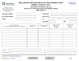 Document preview: DBE Form 2 Monthly Payment Log to Disadvantaged Business Enterprise Firms - Prime Consultant - Oklahoma