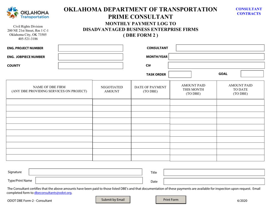 DBE Form 2 Monthly Payment Log to Disadvantaged Business Enterprise Firms - Prime Consultant - Oklahoma, Page 1