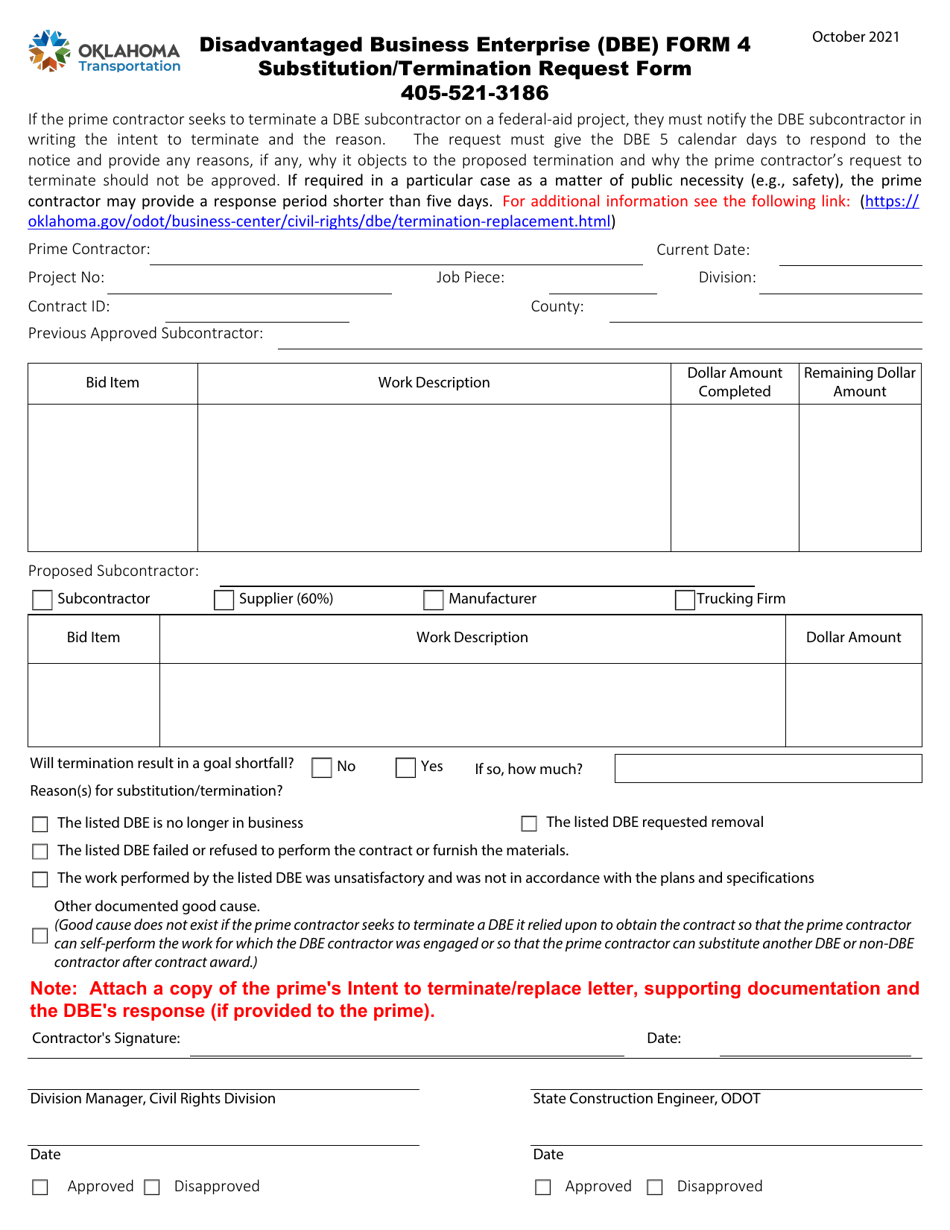 DBE Form 4 Fill Out, Sign Online and Download Fillable PDF, Oklahoma