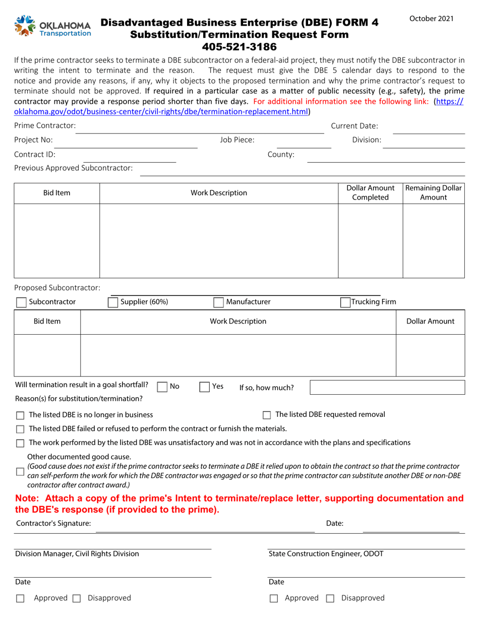 DBE Form 4 Substitution / Termination Request Form - Oklahoma, Page 1