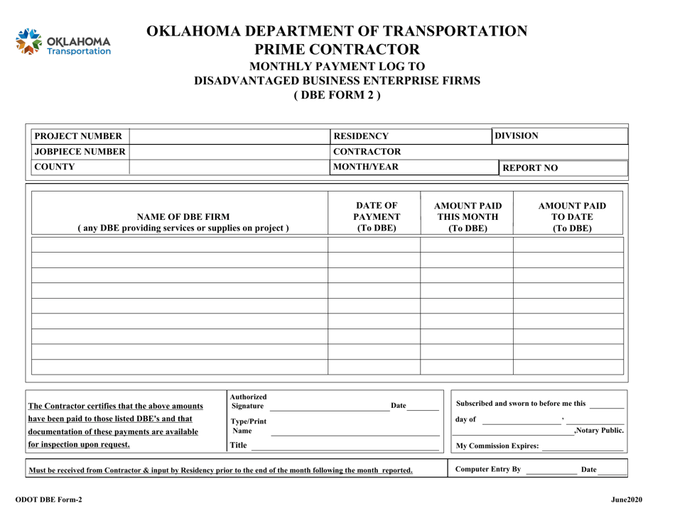 DBE Form 2 Monthly Payment Log to Disadvantaged Business Enterprise Firms - Prime Contractor - Oklahoma, Page 1
