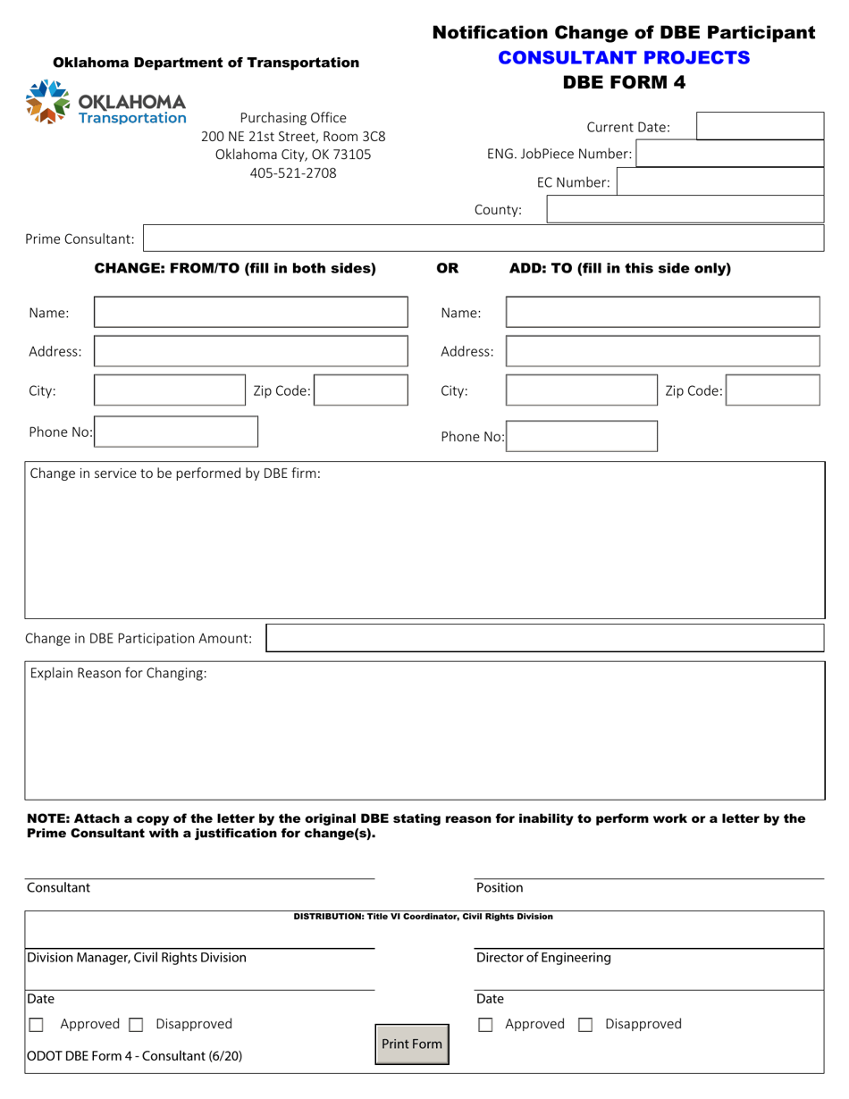 DBE Form 4 Notification Change of Dbe Participant - Consultant Projects - Oklahoma, Page 1