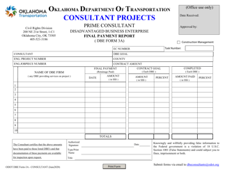 DBE Form 3A &quot;Final Payment Report - Prime Consultant&quot; - Oklahoma