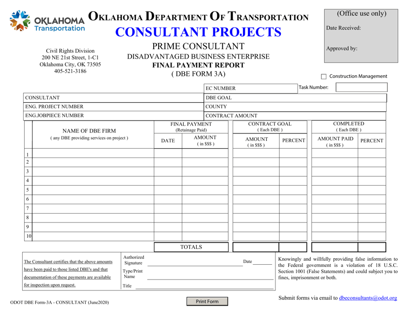 DBE Form 3A Final Payment Report - Prime Consultant - Oklahoma