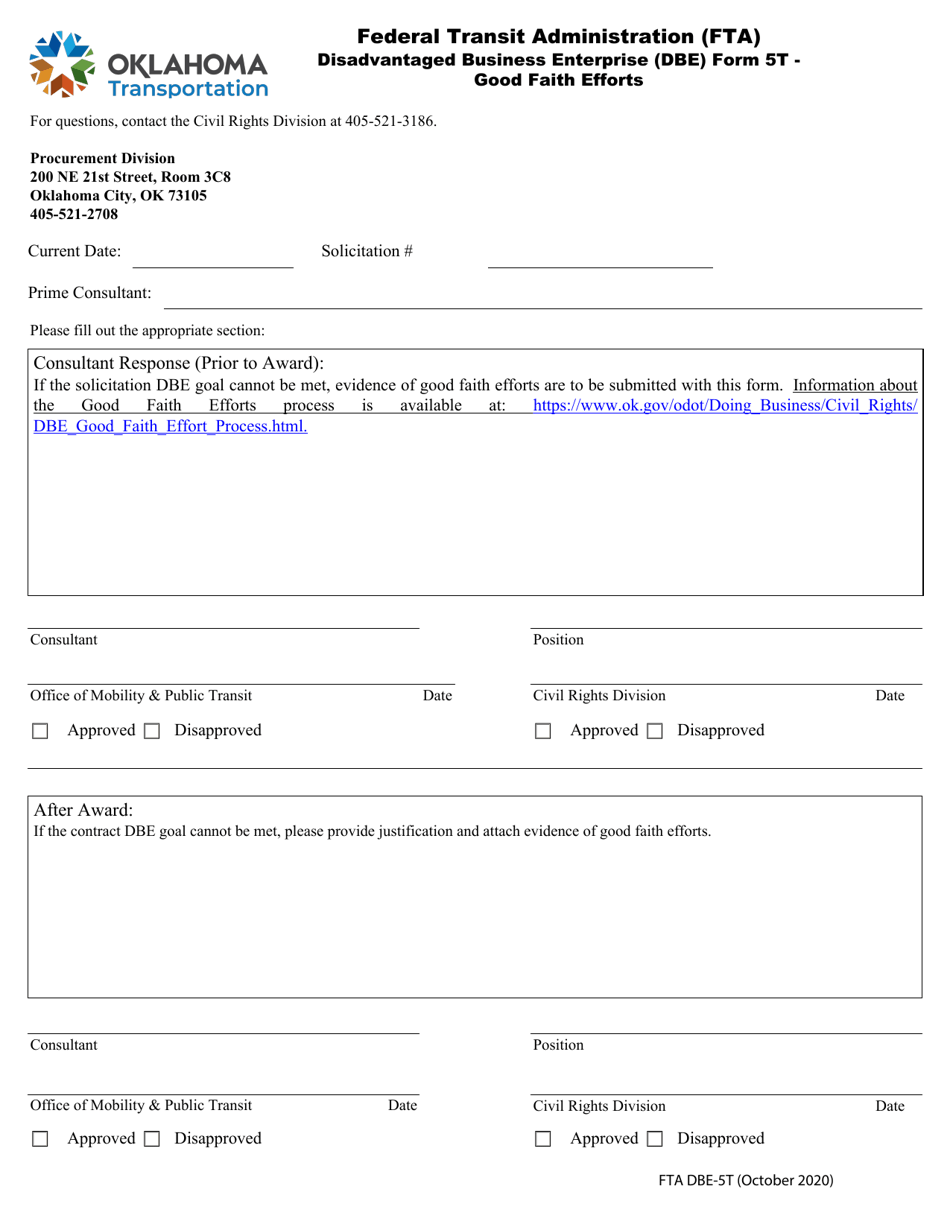 DBE Form 5T Fill Out, Sign Online and Download Fillable PDF, Oklahoma