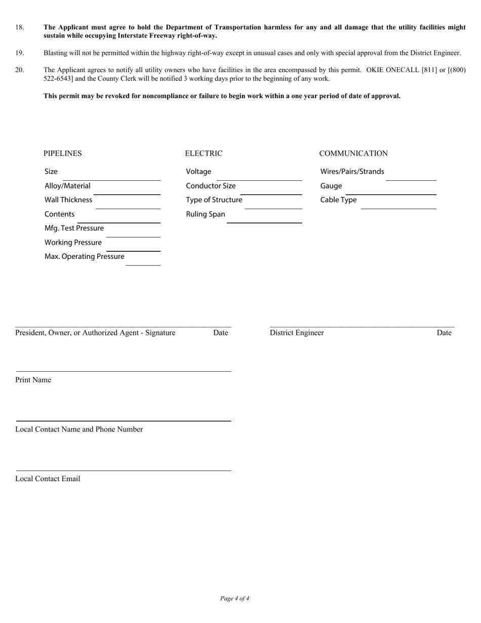 Form M4-A Utility Permit for Interstate Freeways (Controlled Access Highways) - Oklahoma, Page 4