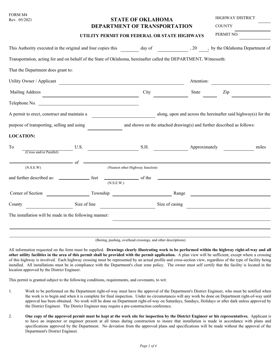 Form M4 Utility Permit for Federal or State Highways - Oklahoma, Page 1