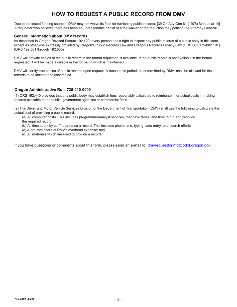 Form 735-7312 DMV Public Record Request - Oregon, Page 2