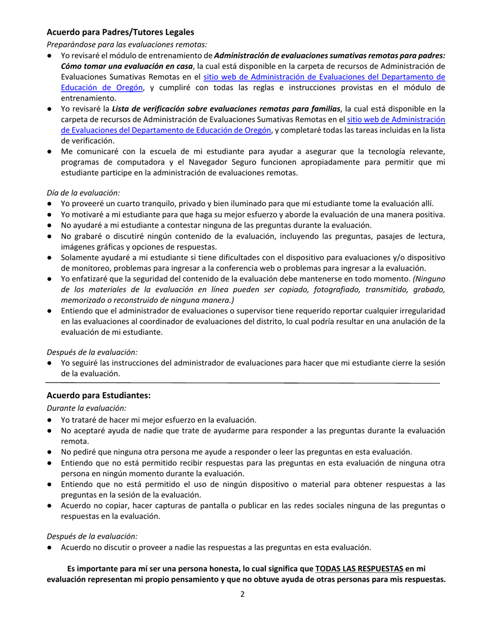 Acuerdo De Administracion De Evaluaciones Remotas Para Padres / Tutores Legales - Oregon (Spanish), Page 2