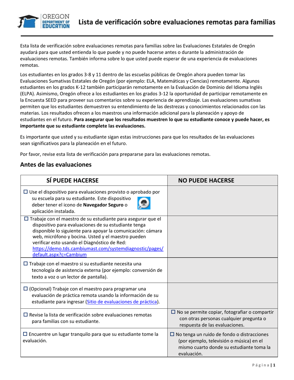 Lista De Verificacion Sobre Evaluaciones Remotas Para Familias - Oregon (Spanish), Page 1