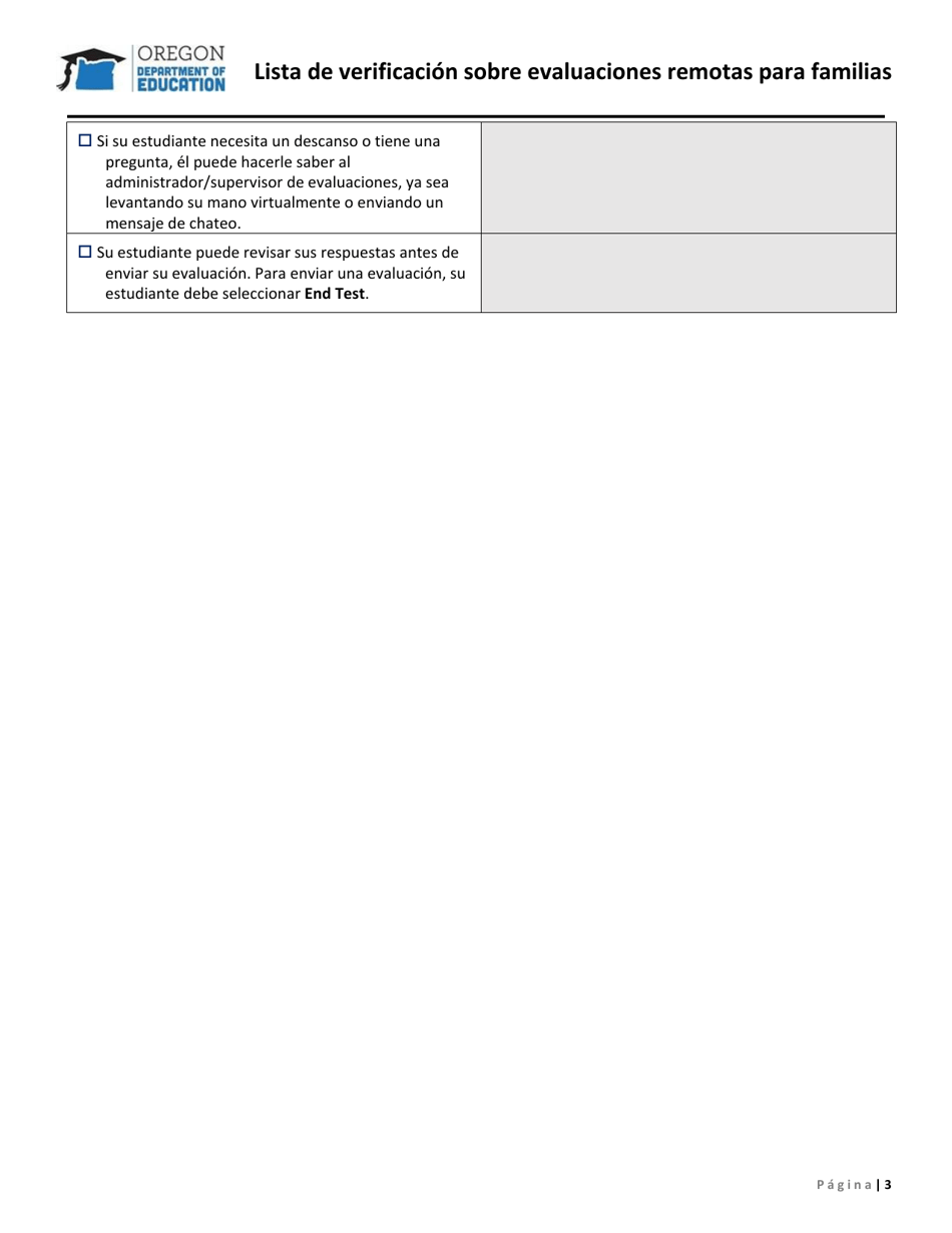 Lista De Verificacion Sobre Evaluaciones Remotas Para Familias - Oregon (Spanish), Page 3