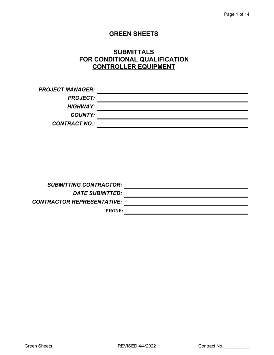 Green Sheets - Submittals for Conditional Qualification Controller Equipment - Oregon, Page 1