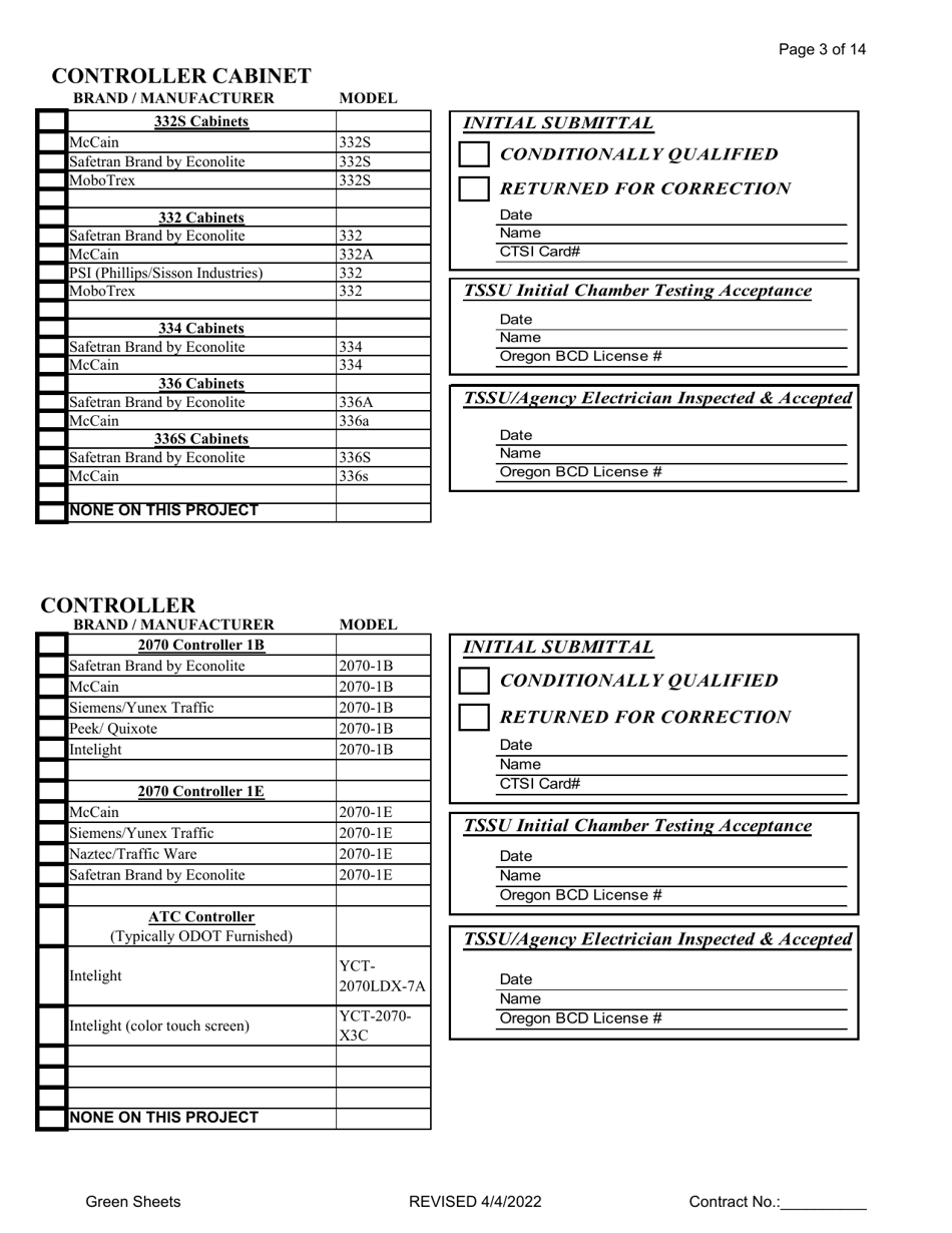Green Sheets - Submittals for Conditional Qualification Controller Equipment - Oregon, Page 3